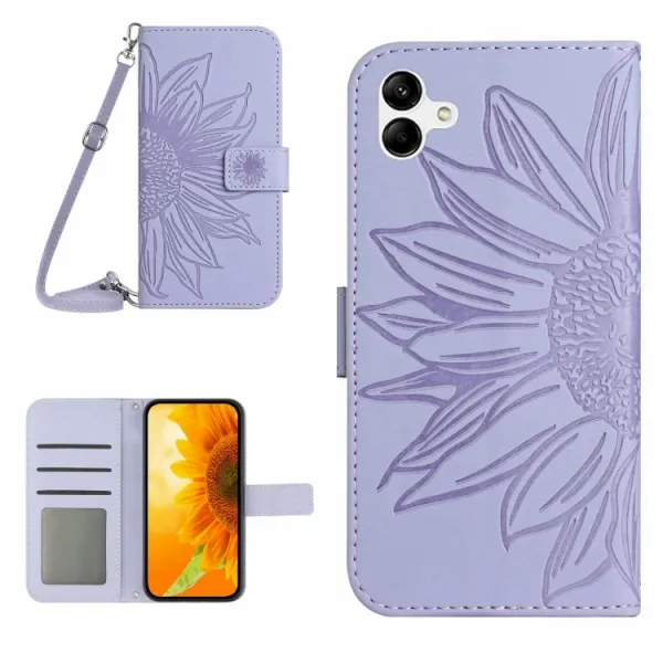 ART SUNFLOWER Peňaženkový obal so šnúrkou pre Samsung Galaxy A06 fialový