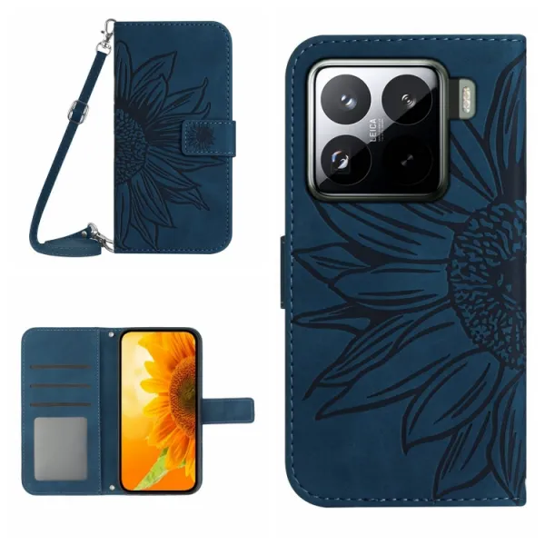 ART SUNFLOWER Peňaženkový obal so šnúrkou pre Xiaomi 15 modrý