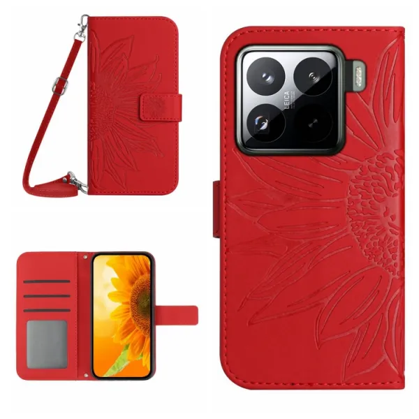 ART SUNFLOWER Peňaženkový obal so šnúrkou pre Xiaomi 15 červený