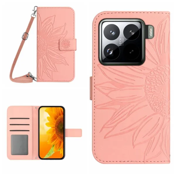 ART SUNFLOWER Peňaženkový obal so šnúrkou pre Xiaomi 15 ružový