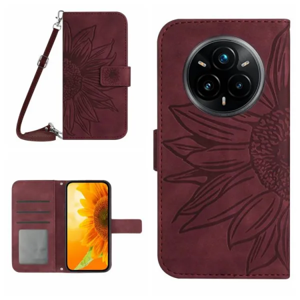 ART SUNFLOWER Peňaženkový obal so šnúrkou pre Realme 14 Pro+ 5G bordový