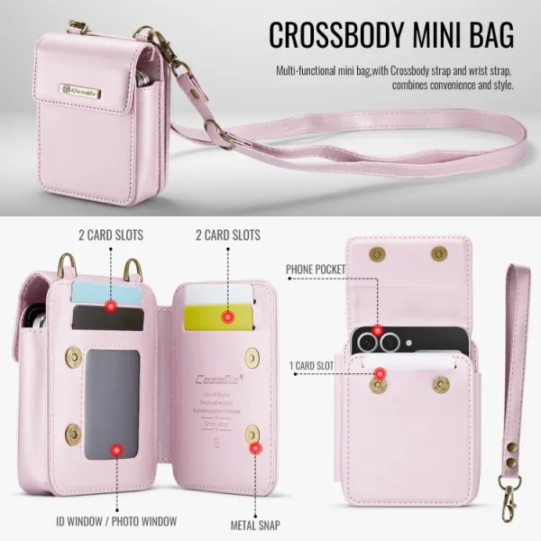 CASEME MINI Peňaženkové puzdro s remienkom pre sériu Samsung Galaxy Z Flip svetloružové