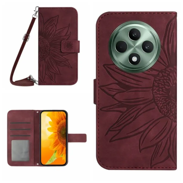 ART SUNFLOWER Peňaženkový obal so šnúrkou pre Oppo Reno12 FS 5G bordový