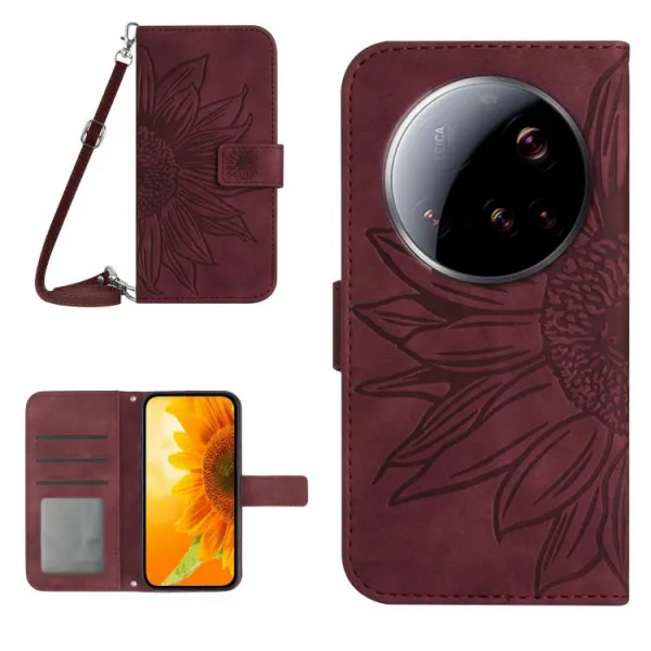 ART SUNFLOWER Peňaženkový obal so šnúrkou pre Xiaomi 15 Ultra bordový