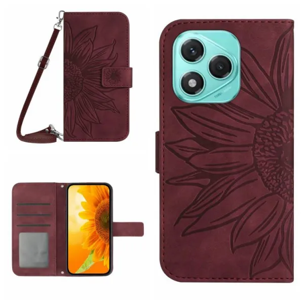 ART SUNFLOWER Peňaženkový obal so šnúrkou pre Honor 400 Lite bordový