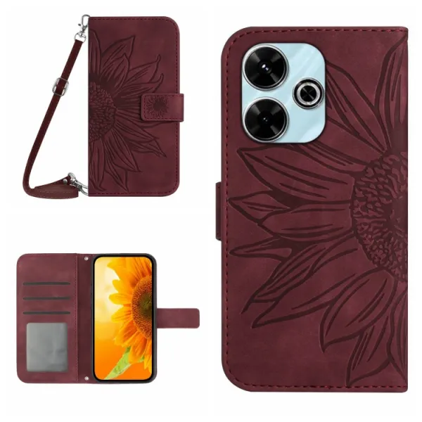 ART SUNFLOWER Peňaženkový obal so šnúrkou pre Xiaomi Redmi 13 bordový