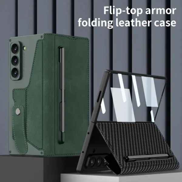 GKK SYNTHETIC Puzdro so sklom a priehradkou na stylus Samsung Galaxy Z Fold7 5G zelené