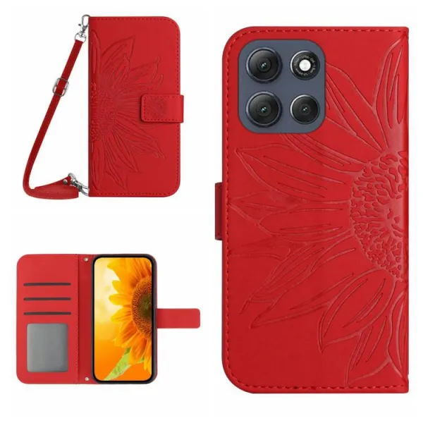 ART SUNFLOWER Peňaženkový kryt so šnúrkou pre Motorola Moto G56 5G červený