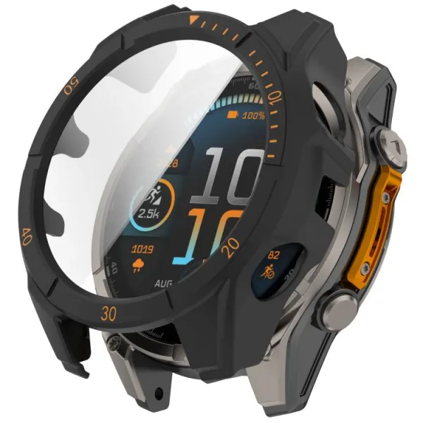 PC FULL COVER Plastový kryt so sklom pre Garmin Tactix 8 Solar 51mm BLACK-ORANGE