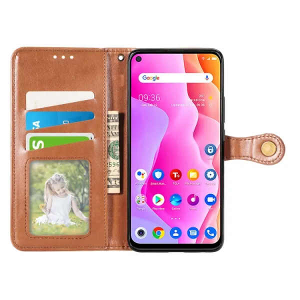 LEATHER BUCKLE Peňaženkový obal pre TCL 10L hnedý
