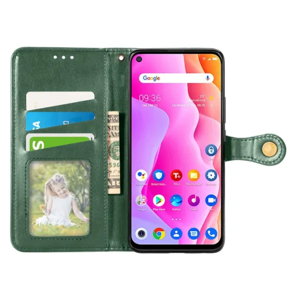 LEATHER BUCKLE Peňaženkový obal pre TCL 10L zelený