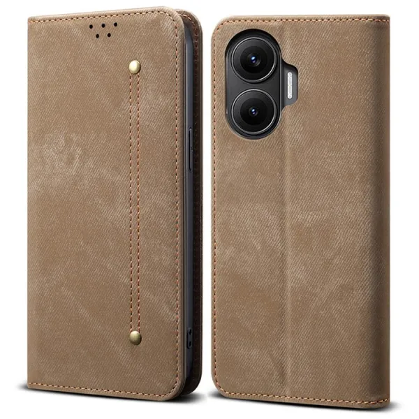 DENIM Peňaženkový kryt pre Xiaomi Poco F7 šedo-hnedý