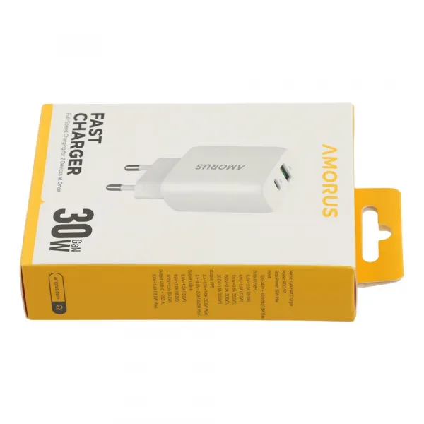 AMORUS PD 30W GaN Sieťová nabíjačka USB-C / USB-A biela