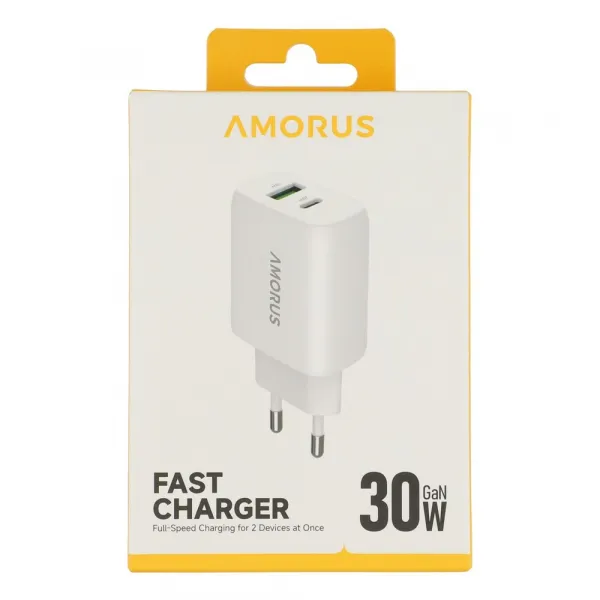 AMORUS PD 30W GaN Sieťová nabíjačka USB-C / USB-A biela