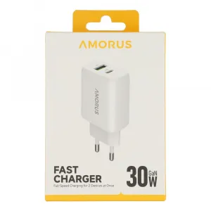 AMORUS PD 30W GaN Sieťová nabíjačka USB-C / USB-A biela