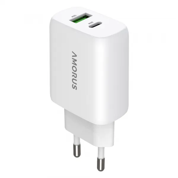 AMORUS PD 30W GaN Sieťová nabíjačka USB-C / USB-A biela