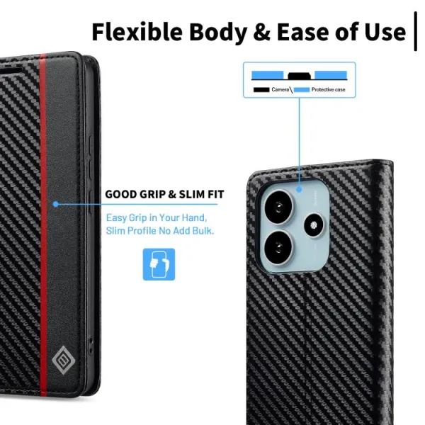 IMEEKE CARBON Peňaženkový obal pre Xiaomi Redmi Note 14 (EU verzia 164.8mm)