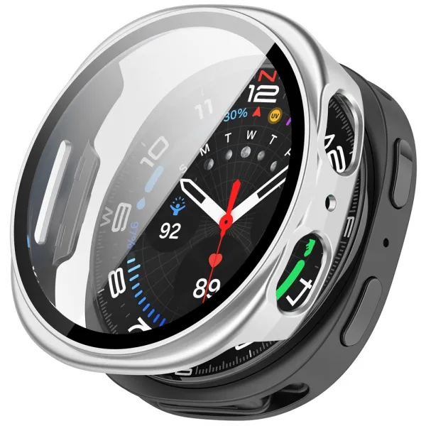 PC FULL COVER Plastový kryt so sklom pre Samsung Galaxy Watch8 44mm strieborný