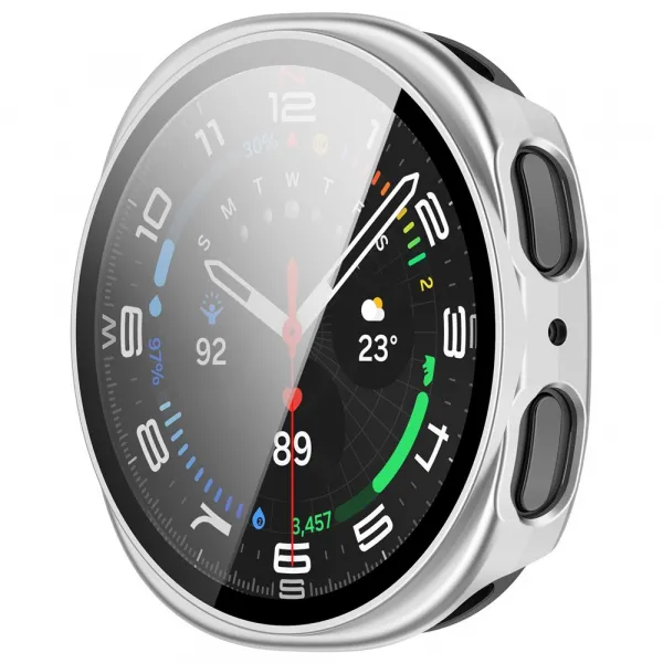PC FULL COVER Plastový kryt so sklom pre Samsung Galaxy Watch8 44mm strieborný