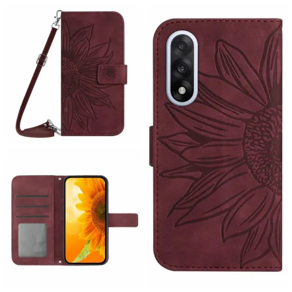 ART SUNFLOWER Peňaženkový kryt so šnúrkou pre OnePlus Nord 5 5G bordový