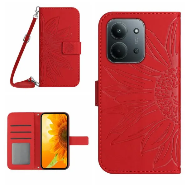 ART SUNFLOWER Peňaženkový kryt so šnúrkou pre Xiaomi Redmi 15C / Redmi 15C 5G červený