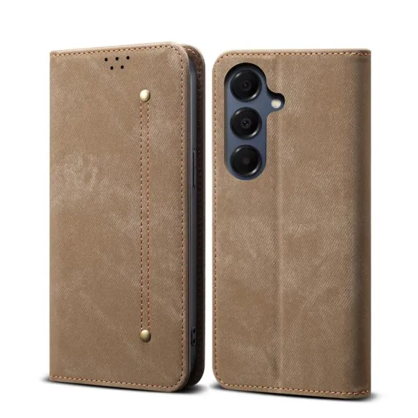 DENIM Peňaženkový kryt pre Samsung Galaxy S25 FE šedohnedý