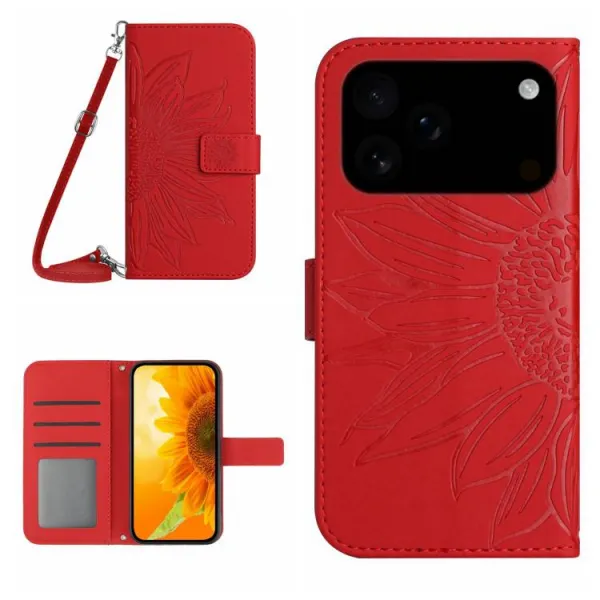 ART SUNFLOWER Peňaženkový kryt so šnúrkou pre Apple iPhone 17 Pro červený