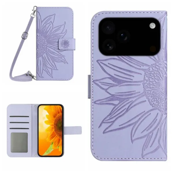ART SUNFLOWER Peňaženkový kryt so šnúrkou pre Apple iPhone 17 Pro Max fialový