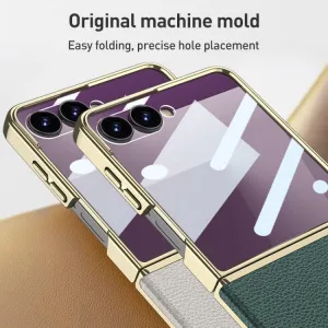 GKK LEATHER Kryt so sklom pre Samsung Galaxy Z Flip7 5G zelený