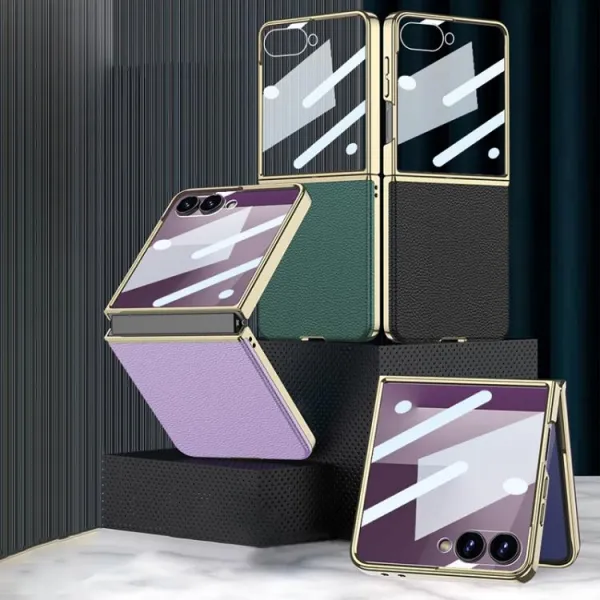 GKK LEATHER Kryt so sklom pre Samsung Galaxy Z Flip7 5G zelený