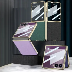 GKK LEATHER Kryt so sklom pre Samsung Galaxy Z Flip7 5G zelený