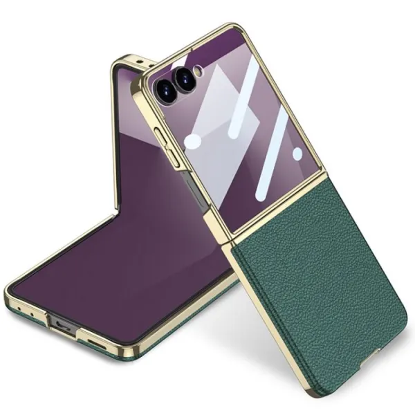 GKK LEATHER Kryt so sklom pre Samsung Galaxy Z Flip7 5G zelený