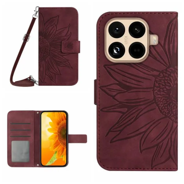ART SUNFLOWER Peňaženkový kryt so šnúrkou pre Xiaomi 15T Pro bordový