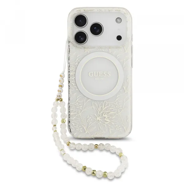 Guess Flowers Allover Strap Kryt s MagSafe pre iPhone 17 Pro,  Biely