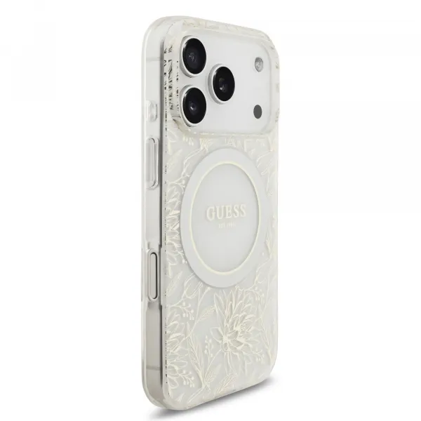 Guess Flowers Allover Strap Kryt s MagSafe pre iPhone 17 Pro,  Biely