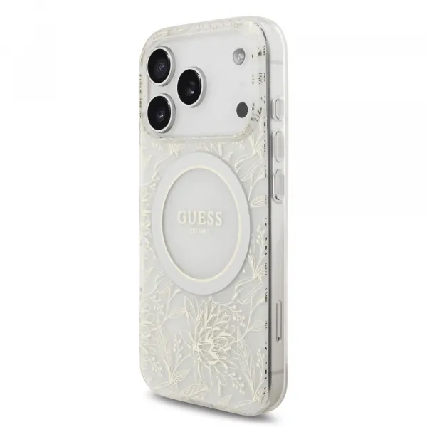 Guess Flowers Allover Strap Kryt s MagSafe pre iPhone 17 Pro,  Biely