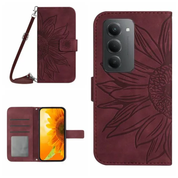 ART SUNFLOWER Peňaženkový kryt so šnúrkou pre Xiaomi Redmi 15 / Redmi 15 5G bordový