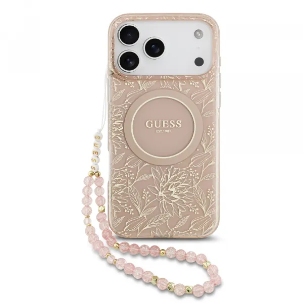GUESS IML FLOWER STRAP Ochranný kryt Apple iPhone 17 Pro Max ROSE GOLD