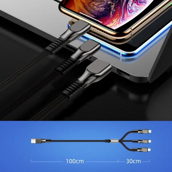 Joyroom 3in1 kábel USB - Lightning / Lightning / USB-C 3.5A 1.3m, čierny