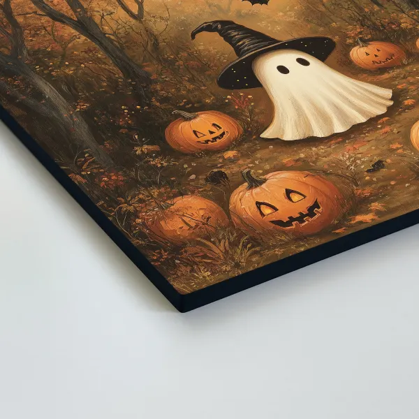 Halloween obraz z dreva - Duch a tekvičky