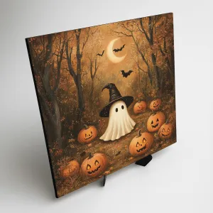 Halloween obraz z dreva - Duch a tekvičky