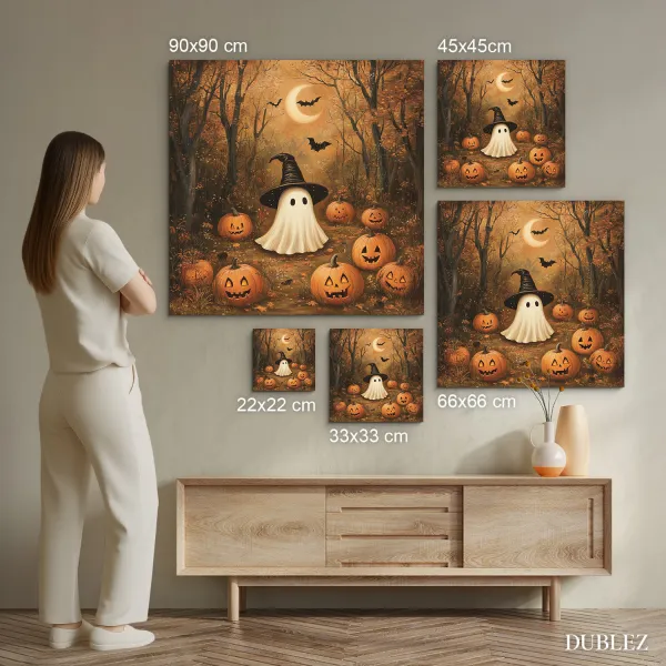 Halloween obraz z dreva - Duch a tekvičky