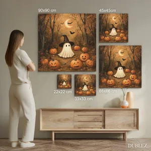 Halloween obraz z dreva - Duch a tekvičky