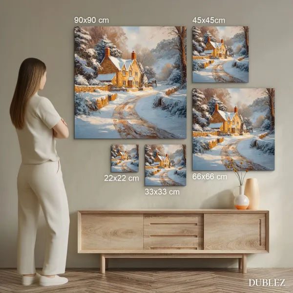 Drevený obraz zimy - Zasnežená chalúpka