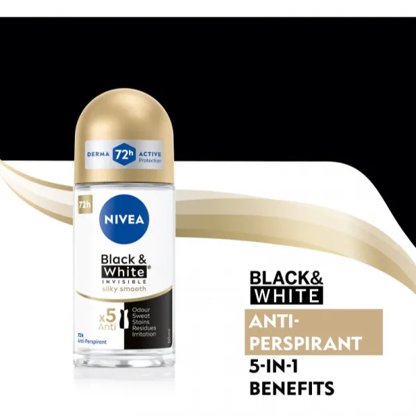 Nivea Invisible Black & White Silky Smooth guličkový antiperspirant pre ženy 50 ml