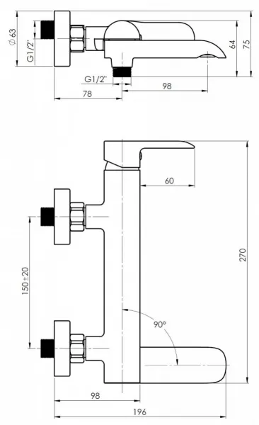 Rubineta - Vaňová batéria ULTRA-10/K s príslušenstvom, chróm OLBAU10K