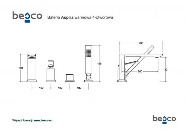 BESCO - 4 - otvorová vaňová batéria ASPIRA chróm s príslušenstvom BABWA4CH