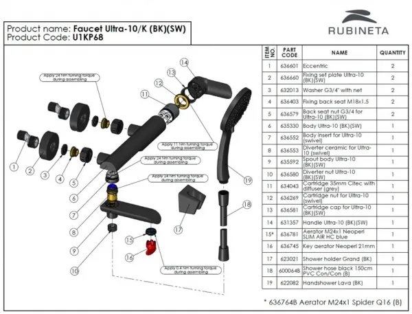 Rubineta - Vaňová batéria ULTRA-10/K BLACK s príslušenstvom, čierna OLBAU1KP68