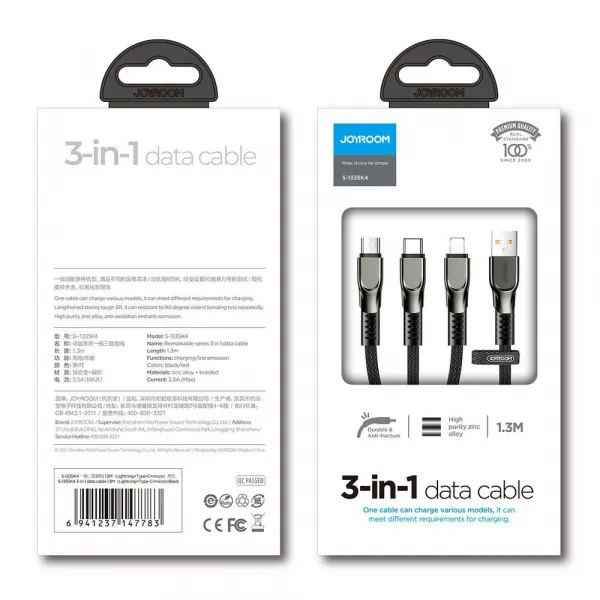Joyroom 3in1 kábel USB - Lightning / Lightning / USB-C 3.5A 1.3m, čierny (S-1335K4)
