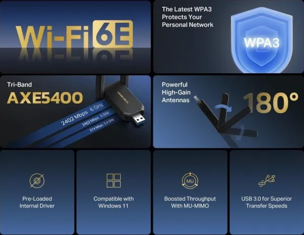 MERCUSYS MA86XH WiFi6 USB adapter (AXE5400,2,4GHz/5GHz/6GHz,USB3.0)